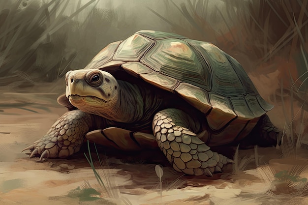 Uma ilustração de uma tartaruga de desenho animado no chão nas cores marrom claro e verde Generative AI