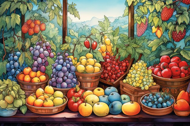 Foto uma ilustração de uma variedade de frutas em cestas