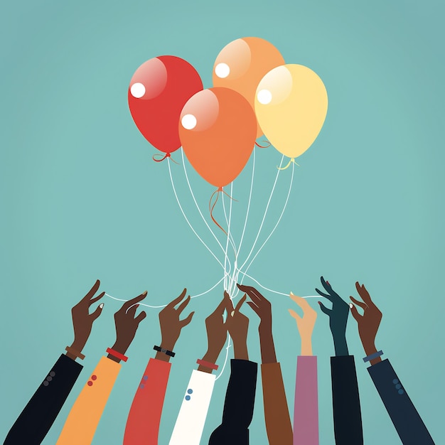 Uma ilustração de várias mãos cada uma segurando uma corda ligada a um símbolo de balão 2024 flutuante
