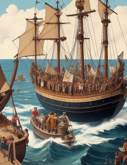 Uma ilustração detalhada da tripulação de Colombo desembarcando em uma nova terra de descoberta