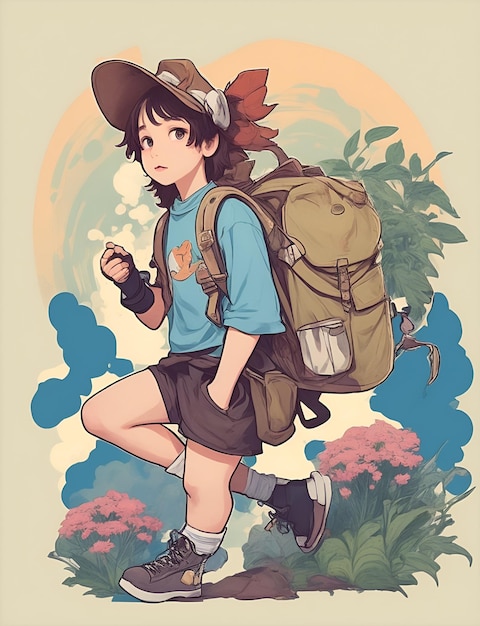 Uma ilustração detalhada de um caminhante vestindo um desenho animado de estilo mochila