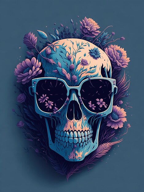 Uma ilustração detalhada de um Dead Skull usando óculos de sol da moda com flores salpicando