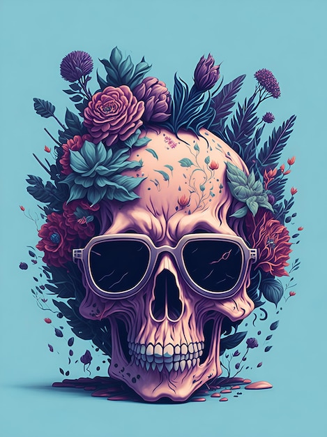 Uma ilustração detalhada de um Dead Skull usando óculos de sol da moda com flores salpicando