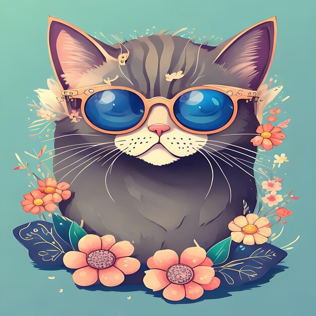 Uma ilustração detalhada de um gato usando óculos escuros da moda