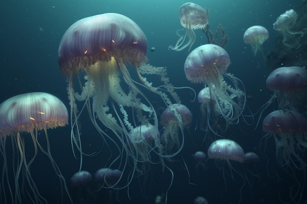Uma ilustração detalhada de um grupo de criaturas marinhas, como águas-vivas ou polvos, em um ambiente profundo e misterioso