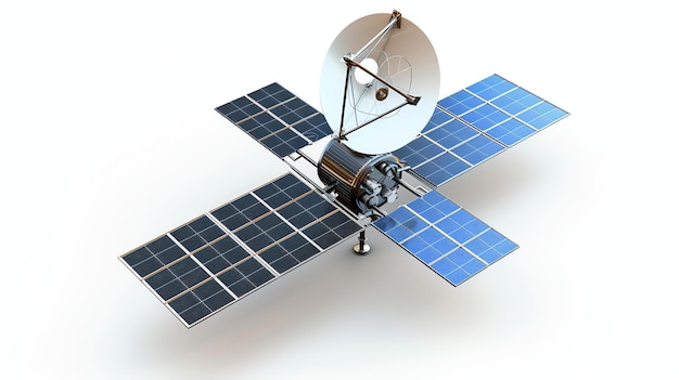 Uma ilustração detalhada de um satélite de comunicações com painéis solares O satélite é mostrado em trânsito com seus painéis solares totalmente estendidos
