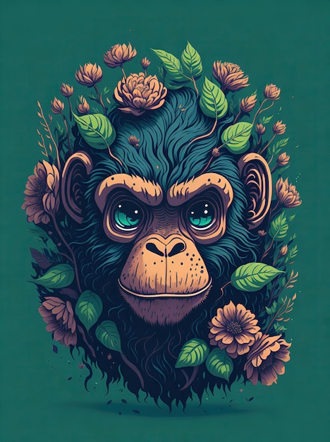 Uma ilustração detalhada de uma arte digital de cores tetrádicas verdes florais pastel de cabeça de macaco vintage