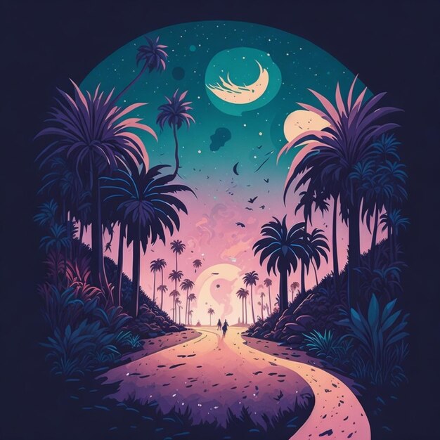 Uma ilustração detalhada de uma bela estrada cercada por palmeiras