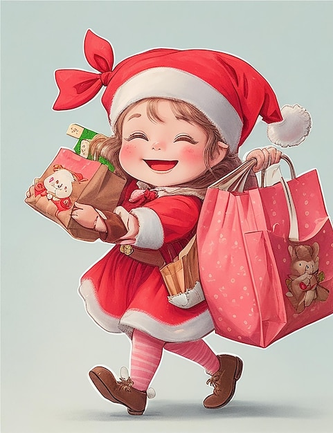 Uma ilustração detalhada de uma garota ajudante de Papai Noel com as bochechas rosadas de emoção