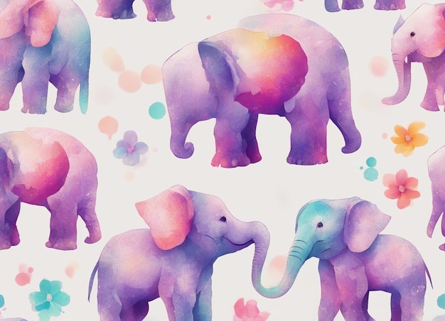 Uma ilustração detalhada de uma impressão de um bonito bebê colorido elefante fantasia flores salpica