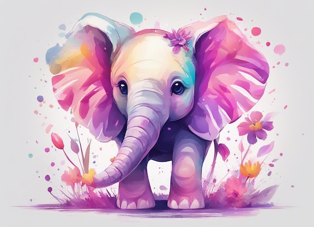 Uma ilustração detalhada de uma impressão de um bonito bebê colorido elefante fantasia flores salpica