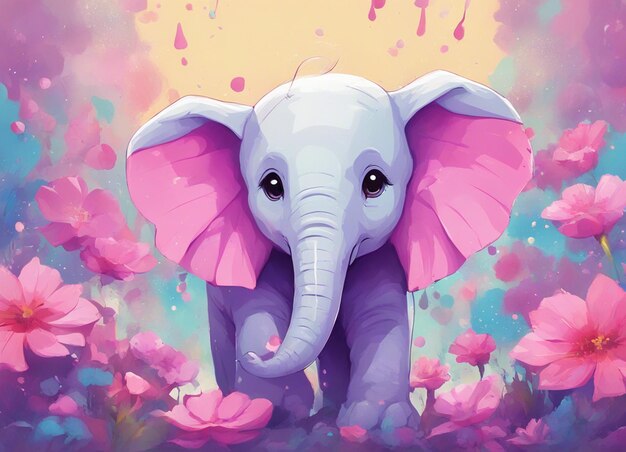 Foto uma ilustração detalhada de uma impressão de um bonito bebê colorido elefante fantasia flores salpica