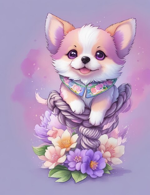 Uma ilustração detalhada de uma impressão de um cachorrinho colorido bonito