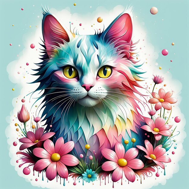 Uma ilustração detalhada de uma impressão de um gato colorido criado por Ai