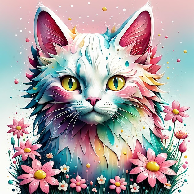 Uma ilustração detalhada de uma impressão de um gato colorido uma estátua de gato com flores gerada por Ai