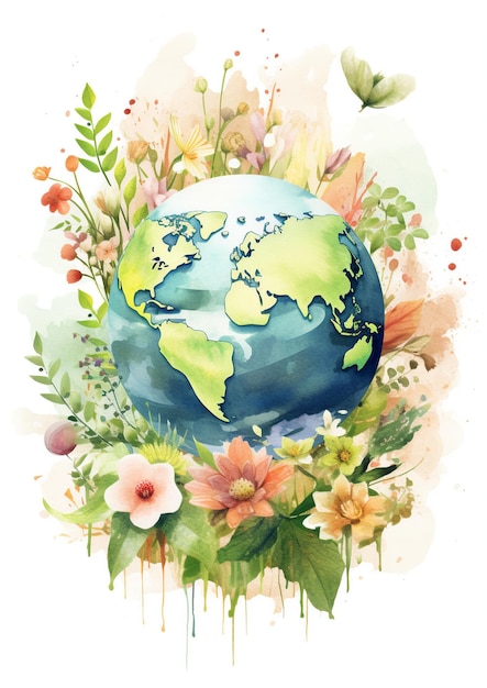 Uma ilustração detalhada de uma impressão do globo terrestre vintage com respingo de flores