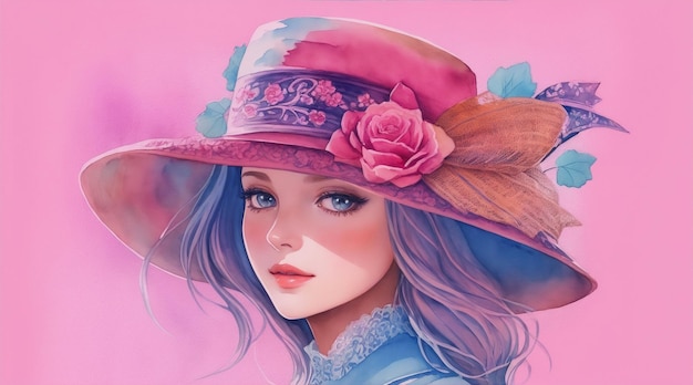 Uma ilustração detalhada de uma linda garota usando um chapéu arte em aquarela Generative AI