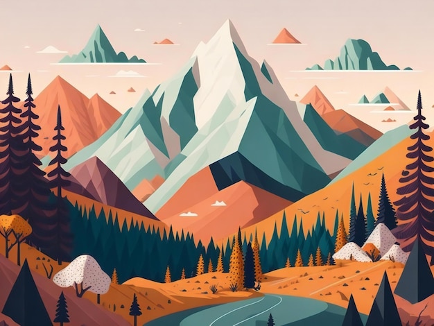 uma ilustração detalhada de uma paisagem montanhosa com um design plano