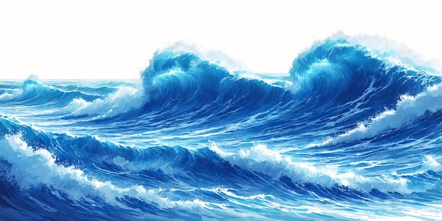 Uma ilustração detalhada e colorida de um grande corpo de água do oceano com ondas batendo contra a costa As ondas são retratadas em cores azuis e brancas dando à cena uma aparência dinâmica