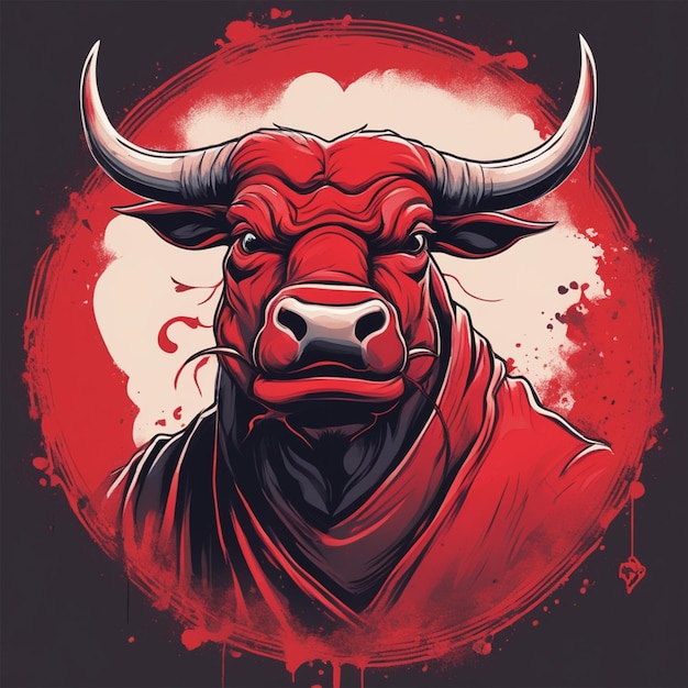 Uma ilustração detalhada Face Evil Ninja Bull Side View Magic T-Shirt Design Red Color Cirlcle