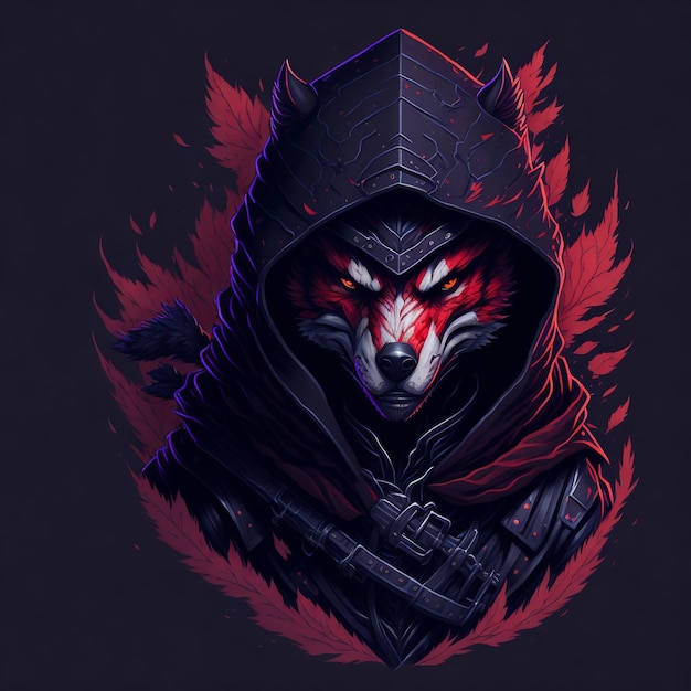 Uma ilustração detalhada rosto rugido lobo ninja vermelho