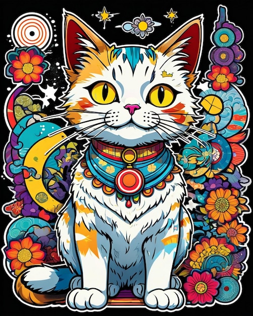 Uma ilustração digital altamente vibrante de um adesivo de gato brincalhão no estilo da arte pop japonesa