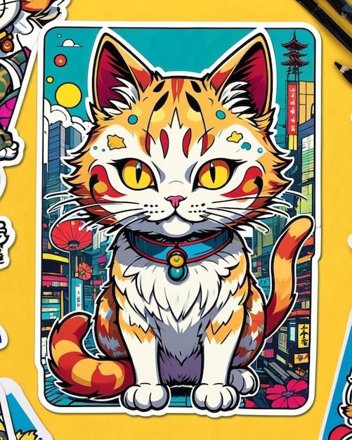 Uma ilustração digital altamente vibrante de um adesivo de gato brincalhão no estilo da arte pop japonesa