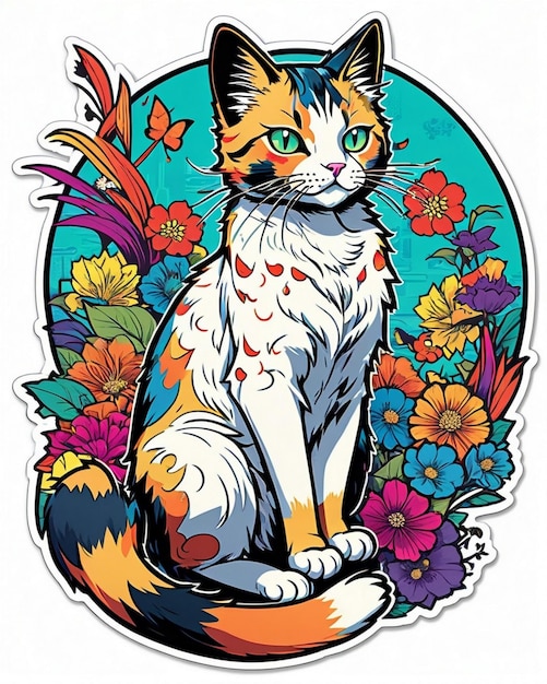 Uma ilustração digital altamente vibrante de um adesivo de gato brincalhão no estilo da arte pop japonesa