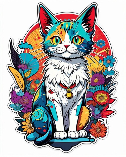 Uma ilustração digital altamente vibrante de um adesivo de gato brincalhão no estilo da arte pop japonesa