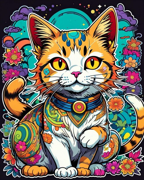 Uma ilustração digital altamente vibrante de um adesivo de gato brincalhão no estilo da arte pop japonesa