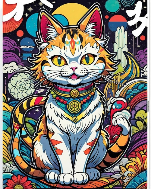 Uma ilustração digital altamente vibrante de um adesivo de gato brincalhão no estilo da arte pop japonesa