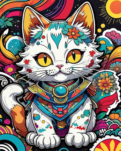 Uma ilustração digital altamente vibrante de um adesivo de gato brincalhão no estilo da arte pop japonesa