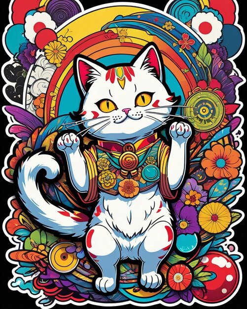 Uma ilustração digital altamente vibrante de um adesivo de gato brincalhão no estilo da arte pop japonesa