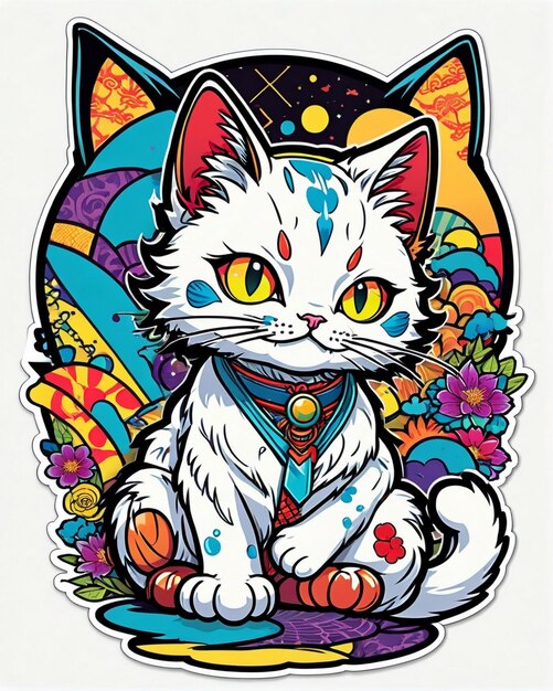 Uma ilustração digital altamente vibrante de um adesivo de gato brincalhão no estilo da arte pop japonesa