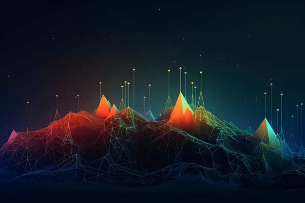 Uma ilustração digital de montanhas com uma luz azul e laranja no topo.