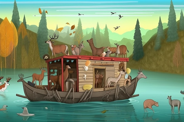 Uma ilustração digital de um barco com um cervo nele.