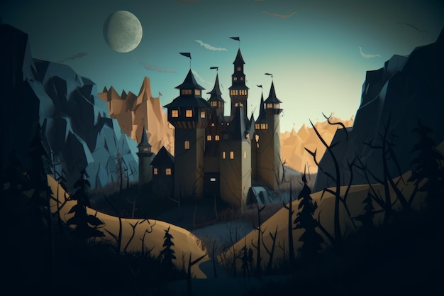 Uma ilustração digital de um castelo com uma lua ao fundo.