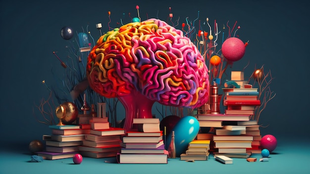 Uma ilustração digital de um cérebro com muitas coisas diferentes