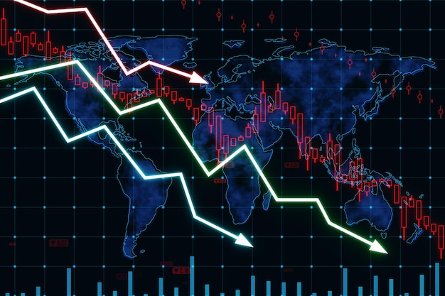 Uma ilustração digital de um conceito de crise financeira com gráficos caindo em um fundo de mapa do mundo simbolizando uma desaceleração do mercado Rendering 3D