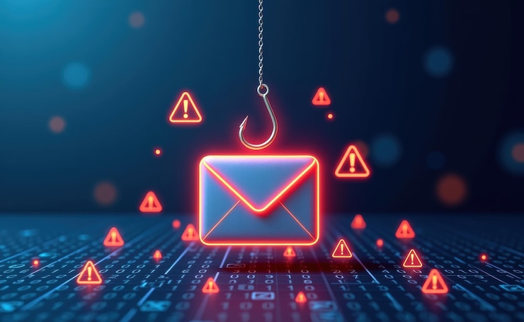 Foto uma ilustração digital de um envelope de e-mail vermelho brilhante agarrado por um gancho de phishing simbolizando ameaças cibernéticas, fraudes de e-mails, ataques de phishing e fraudes on-line em um conceito futurista de cibersegurança