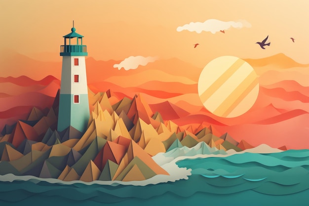 Uma ilustração digital de um farol com um pôr do sol ao fundo.