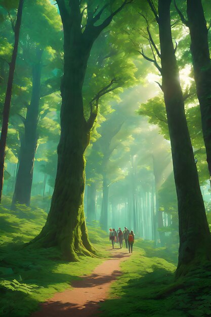 Foto uma ilustração digital de um grupo de pessoas a caminhar numa floresta foi gerada