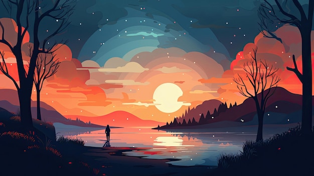 uma ilustração digital de um homem pescando ao pôr do sol com lua cheia ao fundo.