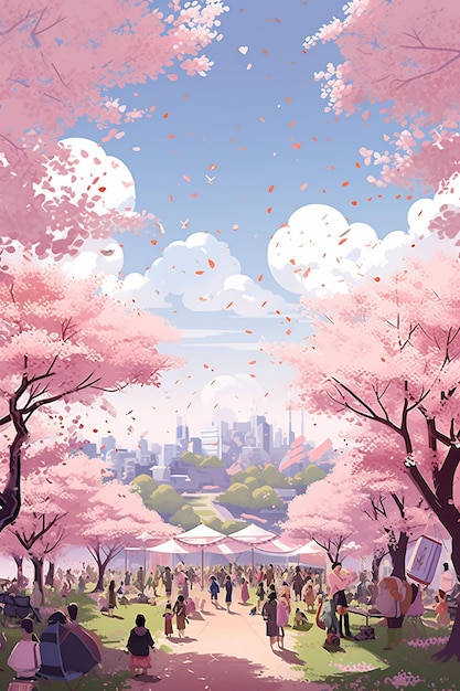 uma ilustração digital de um parque com árvores cor-de-rosa e uma casa branca ao fundo