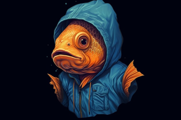 Uma ilustração digital de um peixe vestindo um moletom