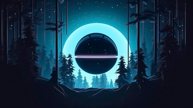 Uma ilustração digital de um planeta com uma grande lua ao fundo.