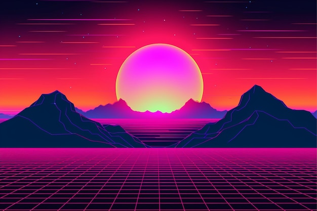 Uma ilustração digital de um pôr do sol com montanhas ao fundo