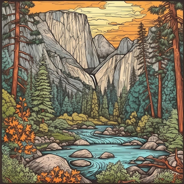 Uma ilustração digital de um rio no Parque Nacional de Yosemite.