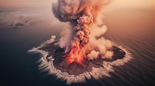 Foto uma ilustração digital de um vulcão em erupção de um vulcão.