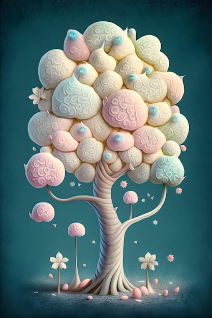 Uma ilustração digital de uma árvore com biscoitos brancos e rosa nele.